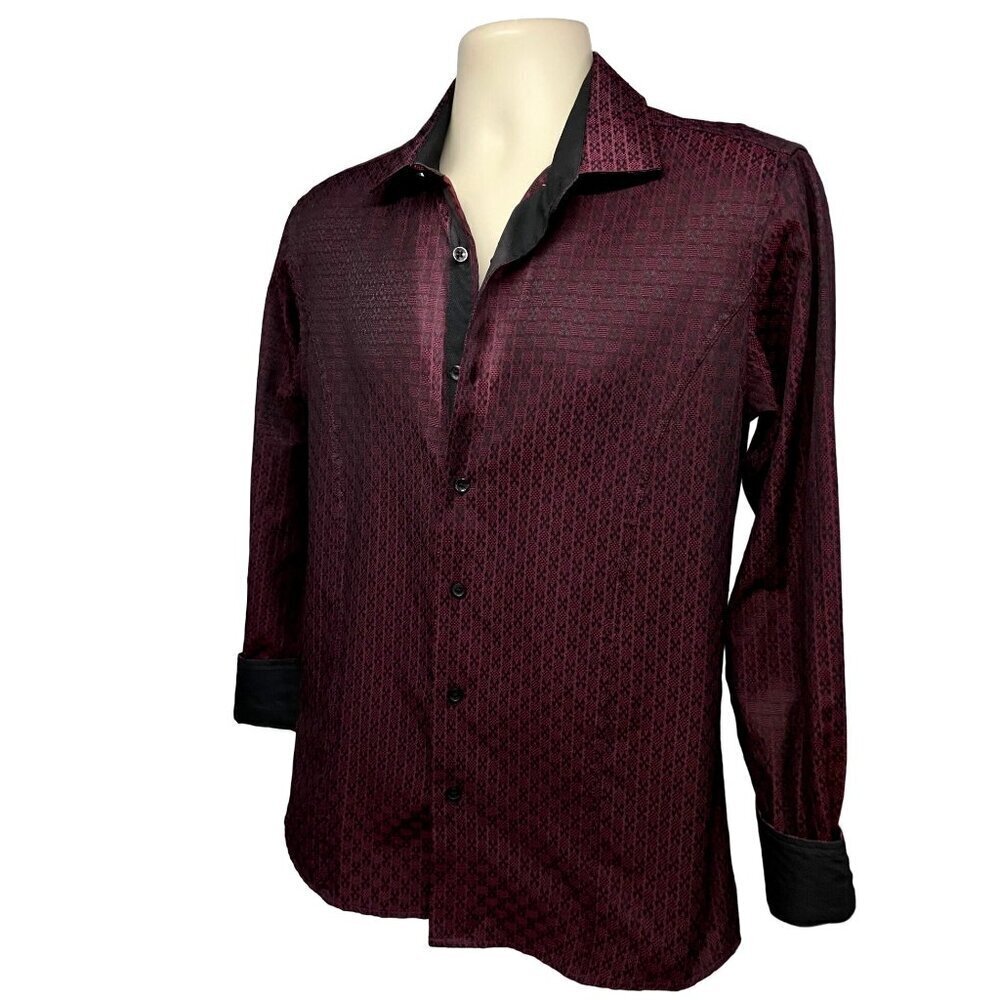 Barabas Designer Burgundy Button Up Dress Shirt Medium Contrast Collar Flip Cuff